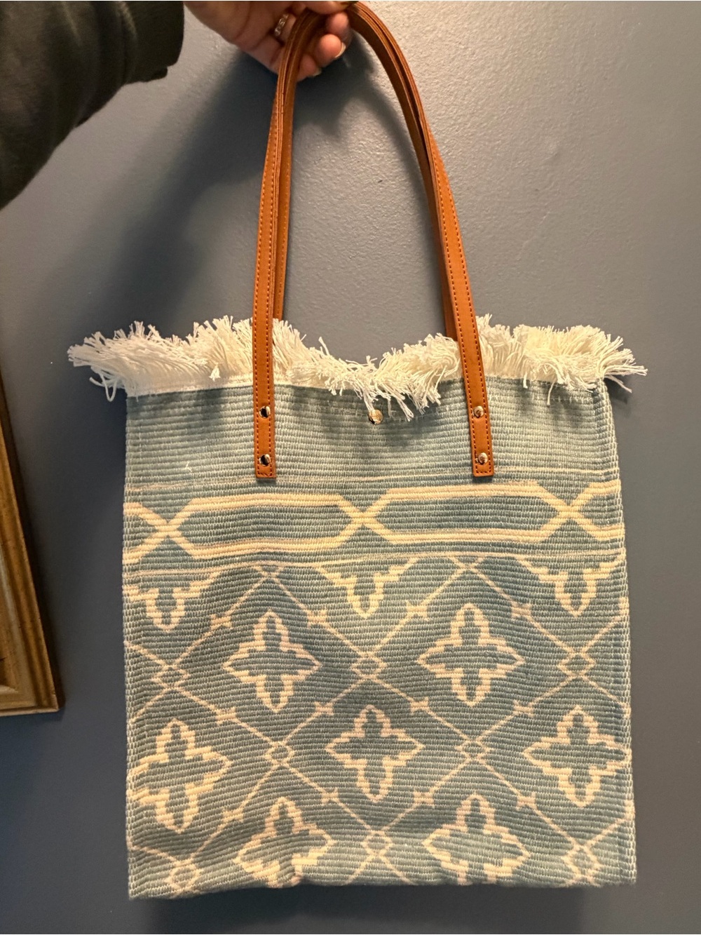 Blue and Cream Woven Fringe Tote with Brown Handles
